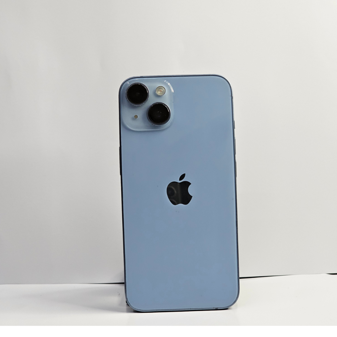 Blue iPhone 13 with key specs