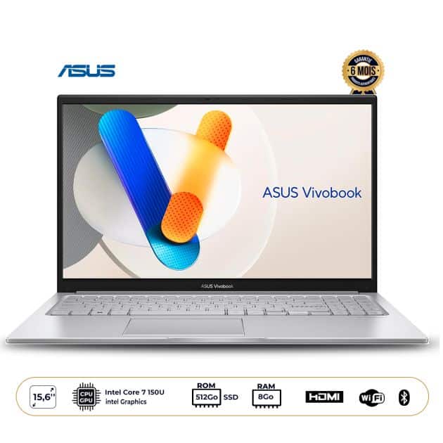ASUS VivoBook 15 1504VA Laptop (15.6” FHD) | Intel Core 7 150U, 8GB RAM, 512GB SSD, 75WHrs, FreeDOS